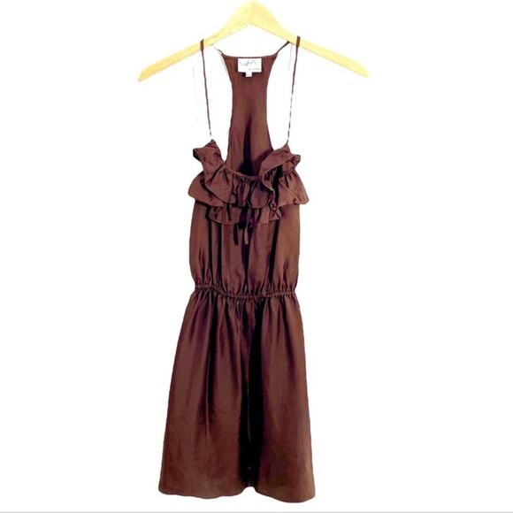 WM New York Design Brown Silk Ruffle Front Dress, Size Petite Small - Picture 1 of 13